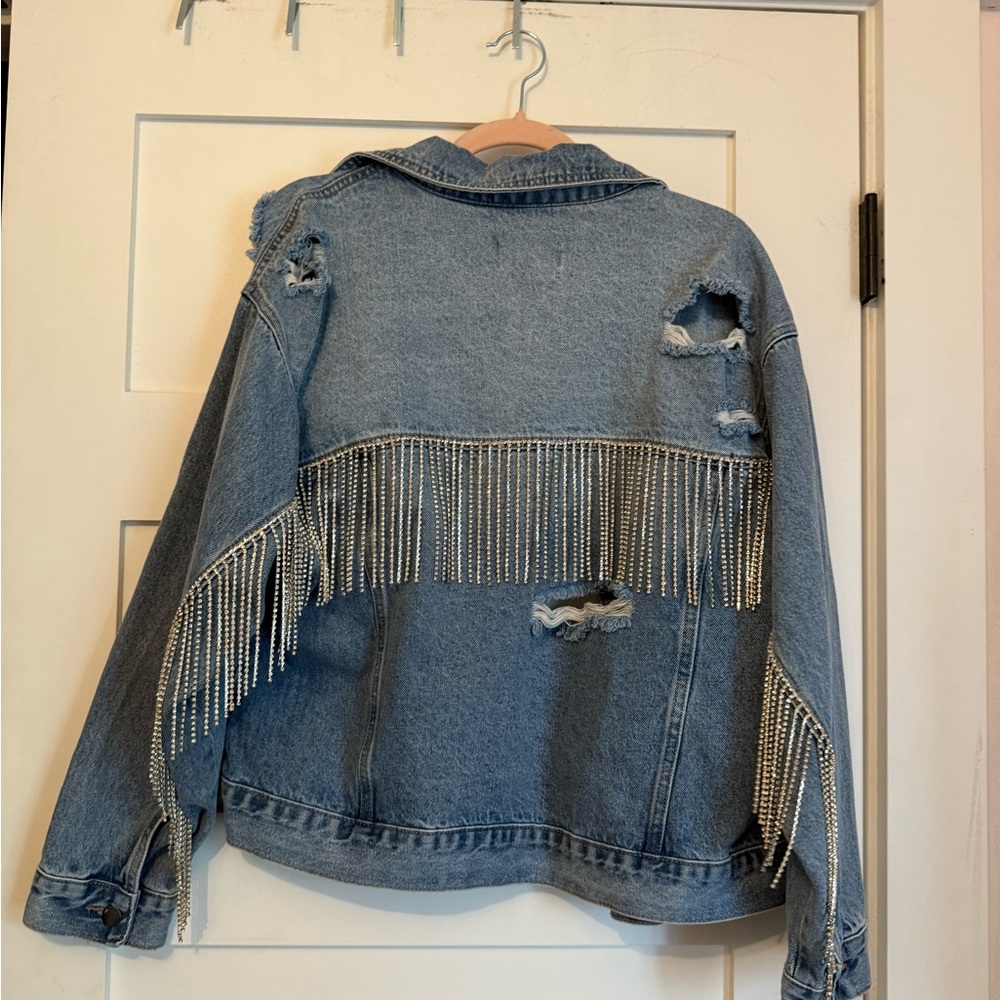 Twelve by Ontwelfth Rhinestone Fringe Denim Jacket